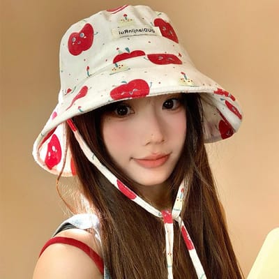 Koreaanse Bedrukte Appel Vissershoed Zonnehoed Dames Buiten Zomer UV Zonnehoed Buiten Zonnebeschermingshoed white