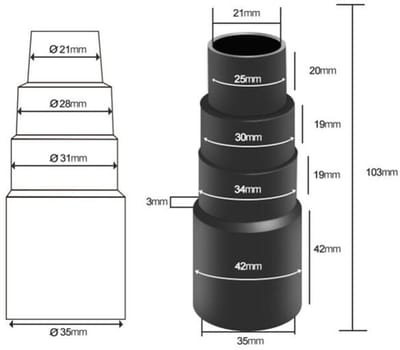 Set van 6 adapters voor stofzuigerslangen, geschikt voor universele aansluitingen van stofzuigerslangen voor werkplaatsen.