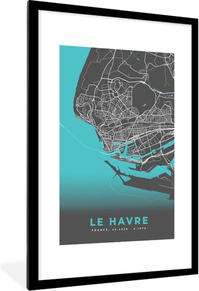 Fotolijst incl. Poster - Le Havre - Plattegrond - Stadskaart - Kaart - Frankrijk - 80x120 cm - Posterlijst