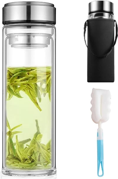 Dubbelwandige glazen drinkfles 1 liter met potborstel en kopjes, ideaal voor thee en infusies