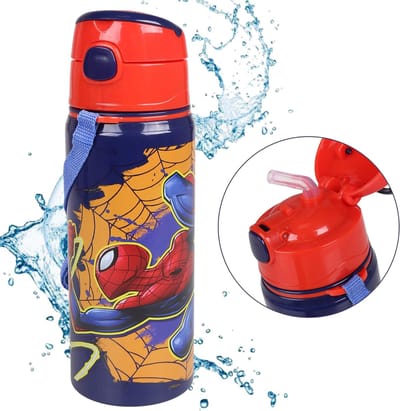 SpiderMan Aluminium Drinkfles, Donkerblauw met Band en Naamlabel 600 ml