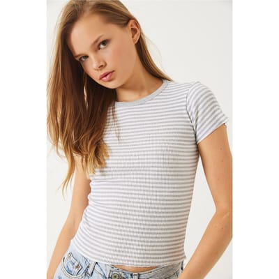 Gestreepte Ribbels Cropped Top met Ronde Hals