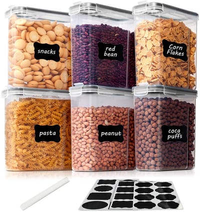 Voorraadbussen Set Muesli Dispenser & Vershoudbakjes - Luchtdicht & BPA-vrij Kunststof - Voor Granen, Meel, Suiker - Zwart - Set met 6+24 Etiketten