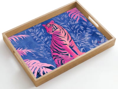 Dienblad hout 50x35 cm - Schootdienblad - Tijger - Roze - Bladeren - Jungle - Borrelplank rechthoek - Plateau dienbladen