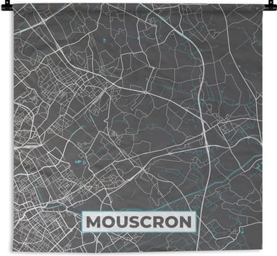 Wandkleed - Wanddoek - Plattegrond – Mouscron – Blauw – Stadskaart - Kaart - België - 180x180 cm - Wandtapijt