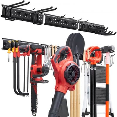 VEVOR Gereedschapshouder voor wandmontage, 1257,3 mm, draagvermogen 272 kg, voor wandmontage, koolstofstaal, 3 rails en 12 haken, inclusief schroeven en pluggen, gereedschapsorganizer voor garage, kelder en tuin.