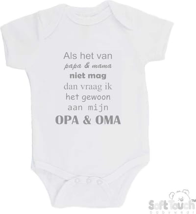 100% katoenen Romper "Als het van papa & mama niet mag dan vraag ik het gewoon aan opa & oma" Unisex Katoen Wit/grijs Maat 62/68
