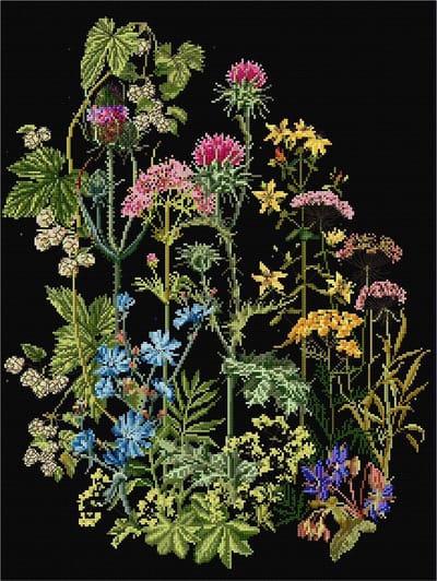 Thea Gouverneur - Borduurpakket met telpatroon - 424.05 - Voorgesorteerde DMC Garens - Wilde kruiden - Zwart Aida - 35 cm x 46 cm - DIY Kit