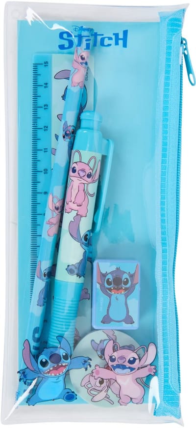 Gevulde Etui 6-delige Schrijfset met diverse schoolartikelen voor kinderen - Stitch & Angel