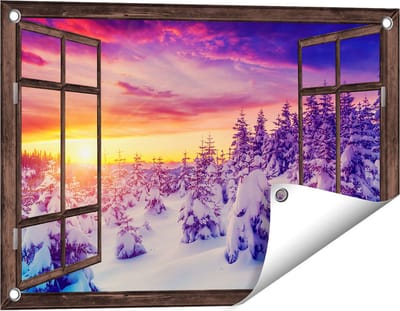 Gards Tuinposter Doorkijk Zonsondergang in het Sneeuw Bos - 60x40 cm - Tuindoek - Tuindecoratie - Wanddecoratie buiten - Tuinschilderij