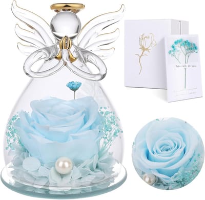 Eeuwige roos onder bel, engel, cadeau voor dames, moederdagcadeau voor haar, eeuwige bloemen, beschermengelen, echte geconserveerde roos, verjaardagscadeau voor mama oma