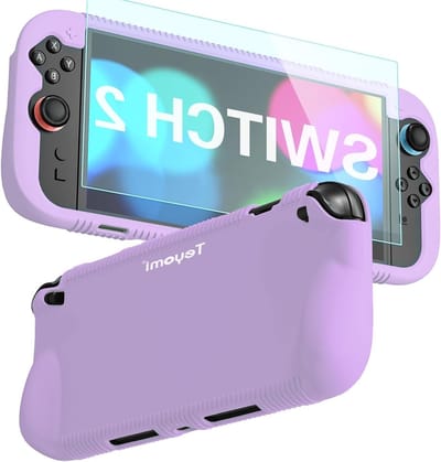 Schokbestendig siliconen hoesje voor Nintendo Switch 2 met gehard glazen schermbeschermer en ergonomische grip, paars