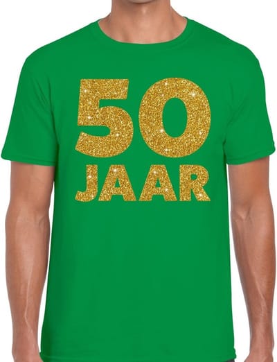 50 Jaar verjaardag - gouden glitters tekst - t-shirt - groen - heren - korte mouwen - Abraham pop kleding S