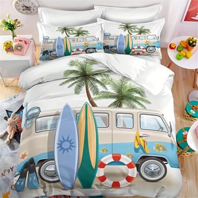 2/3-delige Camping Dekbedovertrek Set Bus Surfplank Palmboom Beddengoed Voor Slaapkamer Beddengoedset Met 1 Dekbedovertrek En 1/2 Kussensloop 160x220 gray