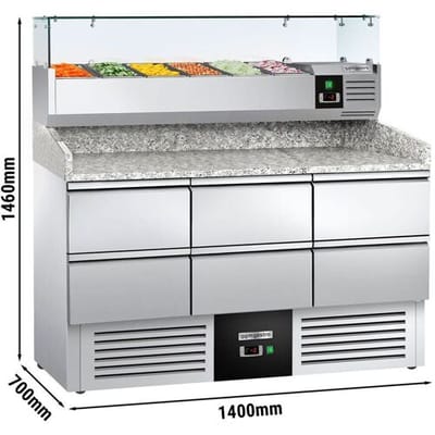 GGM Gastro Pizzakühltisch PREMIUM - 1400x700mm - mit 6 Schubladen 1/2 - inkl. Kühl-Aufsatzvitrine mit 6x GN 1/4