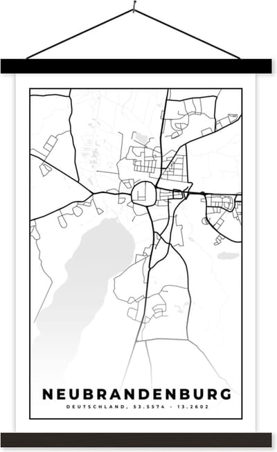 Posterhanger incl. Poster 40x60 cm - Schoolplaat - Stadskaart - Neubrandenburg - Plattegrond - Kaart - Textielposter - Zwarte latten - Stadskaart