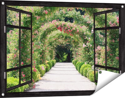 Gards Tuinposter Doorkijk Rozenbogen Tunnel - 90x60 cm - Tuindoek - Tuindecoratie - Wanddecoratie buiten - Tuinschilderij