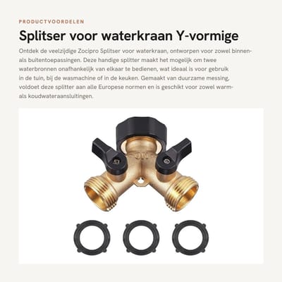 Dailygoods - Splitser voor waterkraan - Y-vormige tuinslangaansluiting - Messing - 2 wegen - Geschikt voor wasmachine en tuin