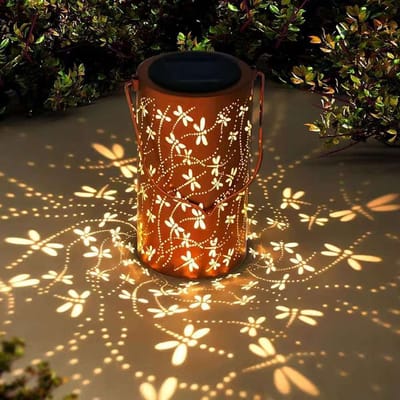 Zonnekroonluchter - solar tuinverlichting - solar buitenlamp - tuinverlichting - Buitenlamp - Zonnetuinlamp - Libellenpatroon - 12 x 12 x 20 cm - Smeedijzer - Antiek brons