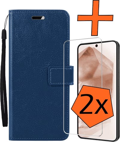 Hoes - Met 2x Screenprotector - Geschikt voor Samsung Galaxy A55 - Luxe Pasjeshouder - Bookcase Portemonee - Flip Case - Kunstleer Book Case - Flipcase Hoes - Book Cover - Walletcase - PortemonneeHoes - Donkerblauw