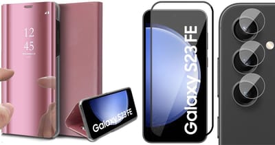 Hoesje geschikt voor Samsung Galaxy S23 FE - Screenprotector Volledig Dekkend Glas & Camera - Spiegel Book Case Rosegoud