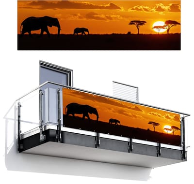 Balkonscherm 300x95 cm - Balkonposter Olifanten - Savanne - Zonsondergang - Balkon scherm decoratie - Balkonschermen - Balkondoek zonnescherm