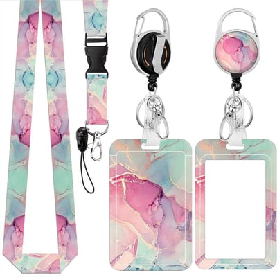 ID-kaarthouder Lanyard - Naamkaart Houder - Toegang Controle - Intrekbare Badgehaspel - 60 cm Uitschuifbaar - Roze Groen Marmer