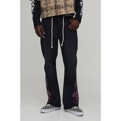 Uitlopende Jeans Met Touwriem En Versierde Print | Washed Black | Size 32