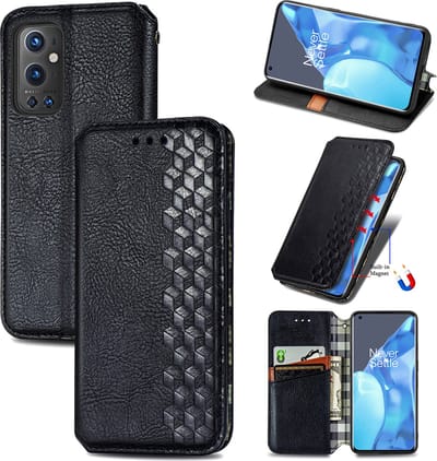 Luxe PU Lederen Ruitpatroon Wallet Case + PMMA Screenprotector voor OnePlus 9 Pro _ Zwart