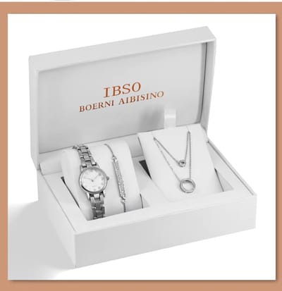 Boerni Aibisino Luxe Horloge Giftset met ketting en armband 34 – Tijdloze Zilverkleurige Elegantie met Horloge, Armband en Ketting