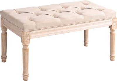Wishdor - Gestoffeerde Bank - Knopen En Dikke Vulling - Franse Vintage Stijl - Voor Hal Of Woonkamer - Polyester - Beige - 80 X 40 X 43 Cm