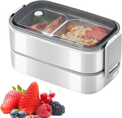 Dubbellaagse Lunchbox - Draagbaar Voedselcontainer - Maaltijden Opwarmen - Twee Aparte Vakken - 20 x 11 x 12 cm - Wit