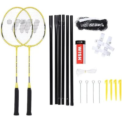 Wish Alumtec badmintonracketset 2 rackets + 3 rolroeren + net + lijnen
