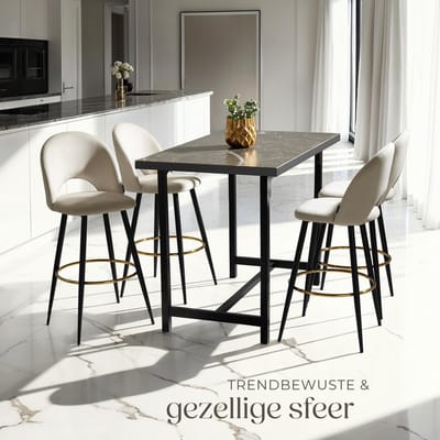 tectake® Set van 2 Barkrukken Sachel - Gestoffeerde Barkruk met rugleuning - Barstoelen - Ergonomische Barstoel met voetensteun - Eetkamerstoel met fluweellook bekleding - Stevige stalen poten met antislip vloerbescherming - Crème/Zwart