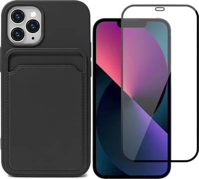 Hoesje Pasjeshouder geschikt voor iPhone 13 Pro Zwart - Siliconen Case Back Cover + Full Screen Protector Glas Screenprotector