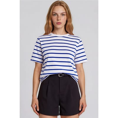 Vrouwen Gestreepte Katoenen T-Shirt met Ronde Hals