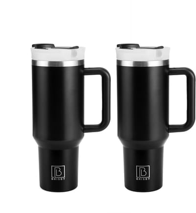 Brisby 1.2L RVS Thermosbeker met Handvat – Grote Tumbler met Flip Straw – Drinkfles voor Koffie, Thee of Water – Thermosfles Auto & Outdoor – Zwart