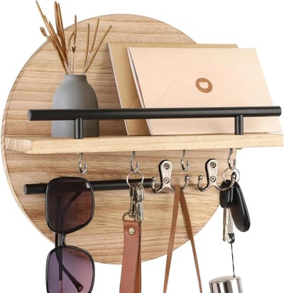Vintage Sleutelkast met Plank, Houten Sleutelhanger met 6 Haakjes voor Woonkamer, Keuken en Hal, Perfect voor Organisatie en Decoratie