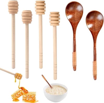 Set van 6 honinglepels en roerstaafjes - 2 houten honinglepels + 4 honingpotstaafjes voor perfect roeren en serveren