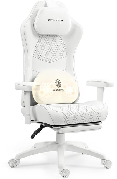 Dowinx Ergonomische Bureaustoel / Gamingstoel – Ergonomische bureaustoel met massage- en warmtefunctie – Ademende pocket spring zitting – Verstelbaar met voetsteun – Voor gamen en werken – wit