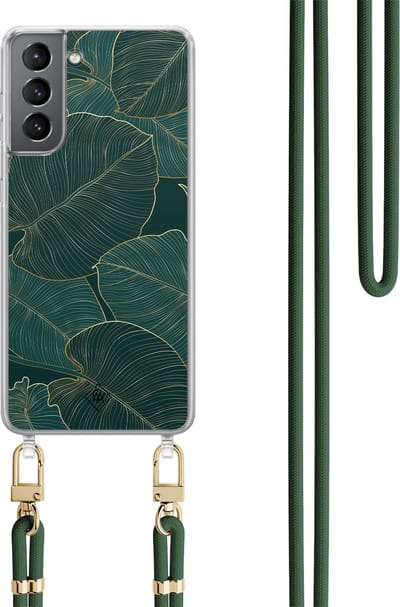 Casimoda® hoesje met koord - Geschikt voor Samsung S21 - Monstera Leaves - Afneembaar koord - TPU/polycarbonaat - Groen