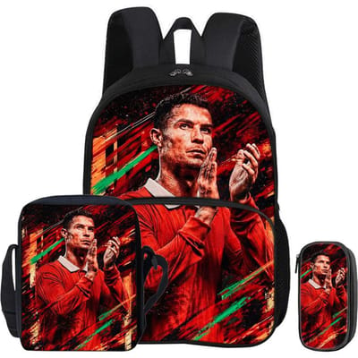 Voetbal Sport met Voorvak Rugzak Ronaldo 3-delige Set Schooltassen Rugzak Student Schoudertas CR Voetbalster Pennenbakje