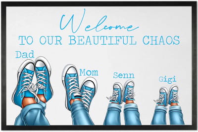 Deurmat met tekst | persoonlijk Gezin | Deurmat Gezin Sneakers | Leuk Cadeau voor een gezin | 60x40cm | Sneakers Lichtblauw