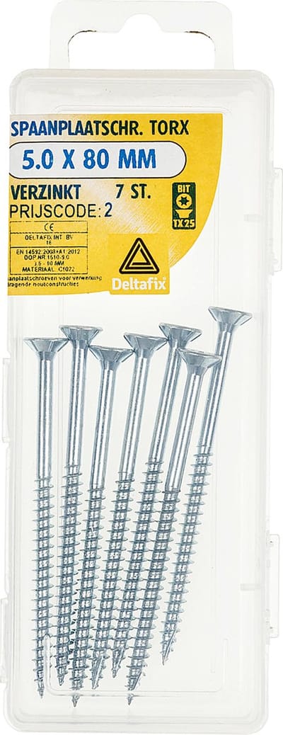 Deltafix spaanplaatschroeven 5,0 x 80 mm - verzinkt - platkop - Torx - Type 17 - 7 stuks