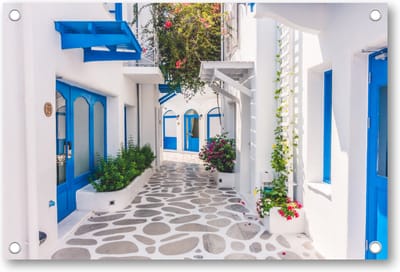 Grieks Straatje - Griekenland - Tuinposter 90x60 - Wanddecoratie - Bloemen