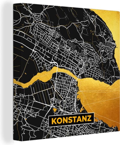 Canvas Schilderij Konstanz - Goud - Stadskaart - Plattegrond - Duitsland - Kaart - 20x20 cm - Wanddecoratie