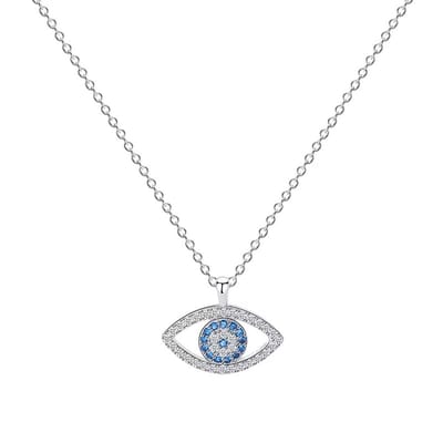 Selevie Zilveren Ketting met Boze Oog - Evi Eye - Hanger - Zirkonia Bezetting - blauw/witte zirkonia's