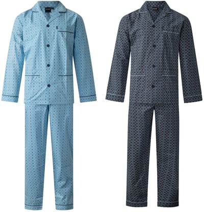 Gentlemen - 2 klassieke heren pyjama's doorknoopsluiting - 100% poplin katoen - blauw en donkerblauw - maat 48 (S)