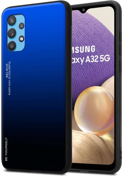 Cadorabo Hoesje geschikt voor Samsung Galaxy A32 5G in BLAUW - ZWART - Tweekleurige beschermhoes van TPU-silicone Case Cover en achterzijde van gehard glas