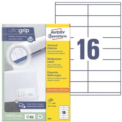 Avery witte etiketten QuickPeel  formaat 105 x 35 mm (b x h) 1.600 stuks 16 per blad doos van 100 blad